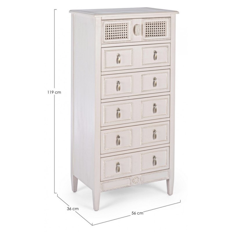 Cassettiera stretta da camera in legno sei cassetti Bianca EUNICE 56x36x h119 cm