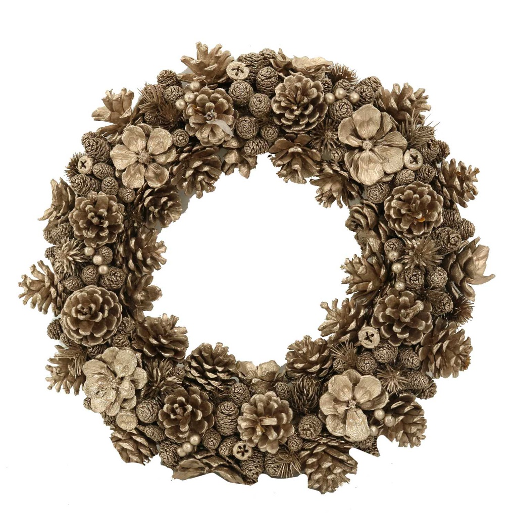 Coroncina con fiori e pigne champagne cm ø45h8,5