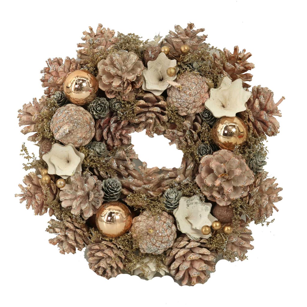 Coroncina con fiori e pigne rosa cm ø30h8