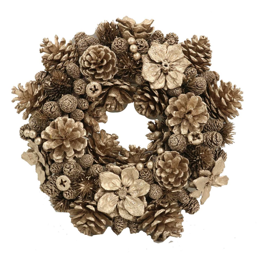 Coroncina con fiori e pigne champagne cm ø30h8