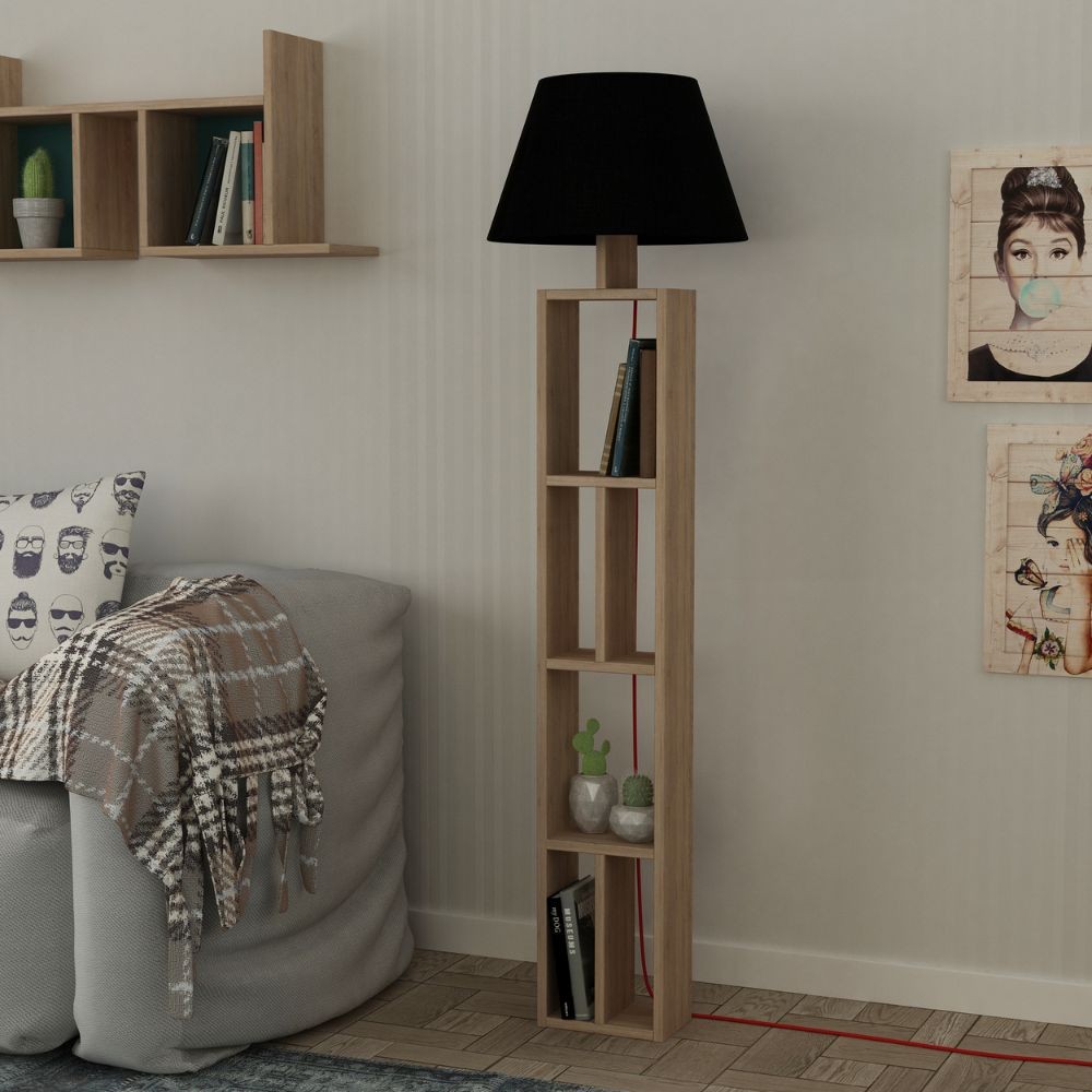 Lampada da Terra con Libreria Rovere e Parlume Nero 23,5x15x163,5 cm