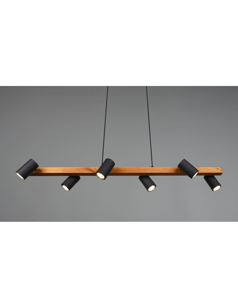 Lampadario Isola Legno 6 Spot Neri Cilindrici Orientabili Marley Trio Lighting