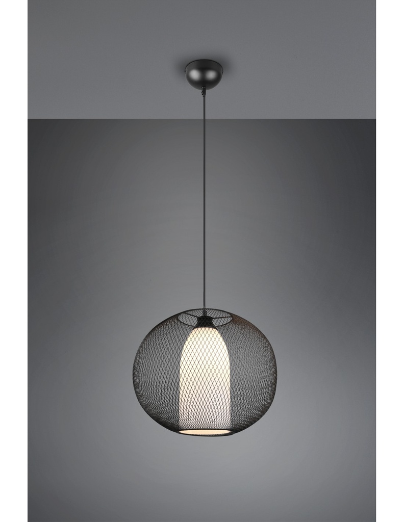 Lampadario Sospensione Diffusore Gabbia Tonda Metallica Nero Con Vetro Opale Filo Trio Lighting