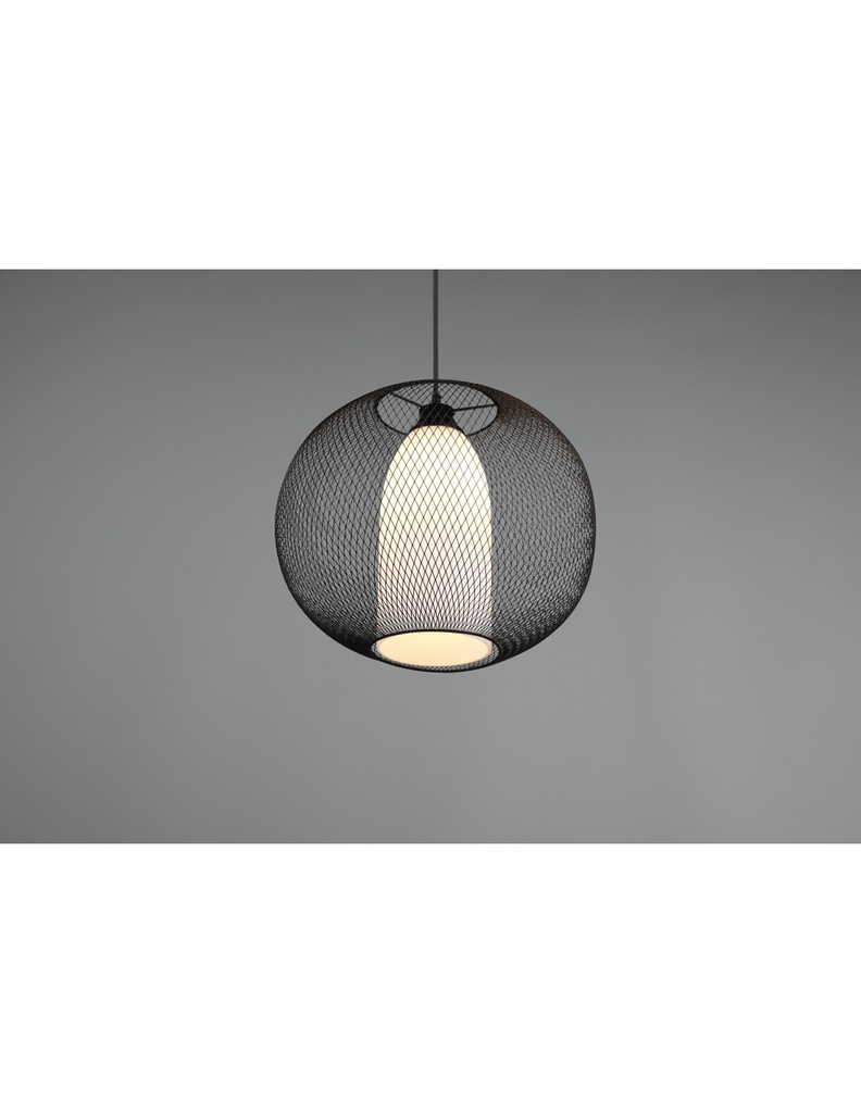 Lampadario Sospensione Diffusore Gabbia Tonda Metallica Nero Con Vetro Opale Filo Trio Lighting