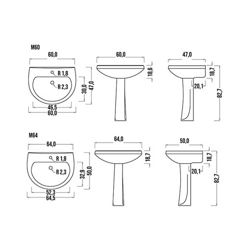 Lavabo sospeso &quot;Felce&quot; in ceramica, largo 60 cm.