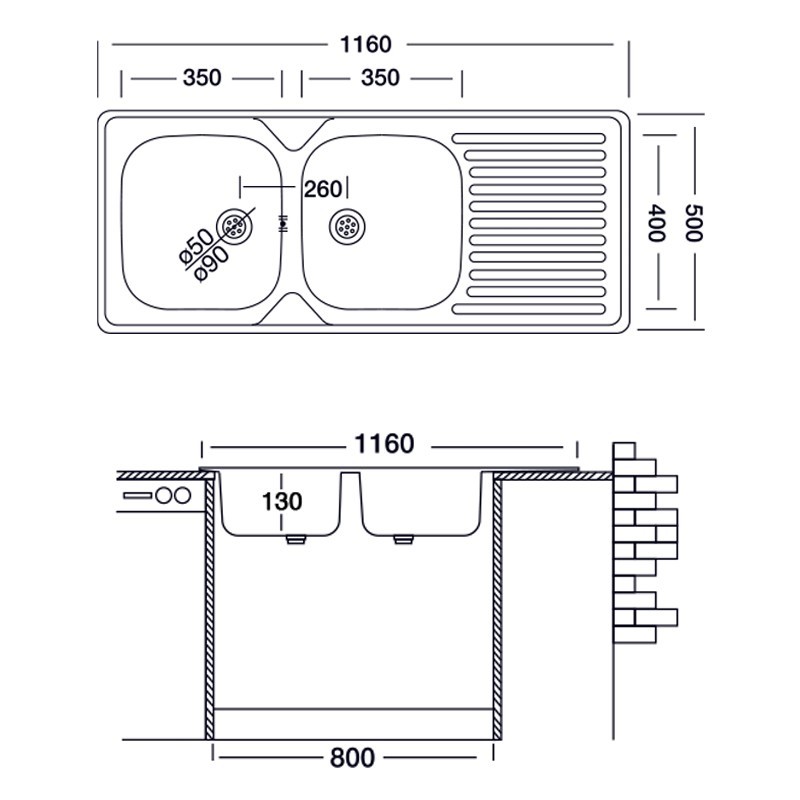 Lavello cucina due vasche acciaio da incasso gocciolatoio a dx 50x116 cm(N138DX35)