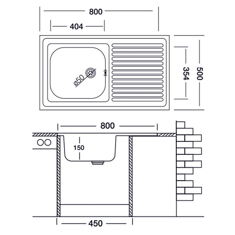 Lavello cucina vasca con gocciolatoio dx in acciaio da appoggio 50x80 cm(N216DX)