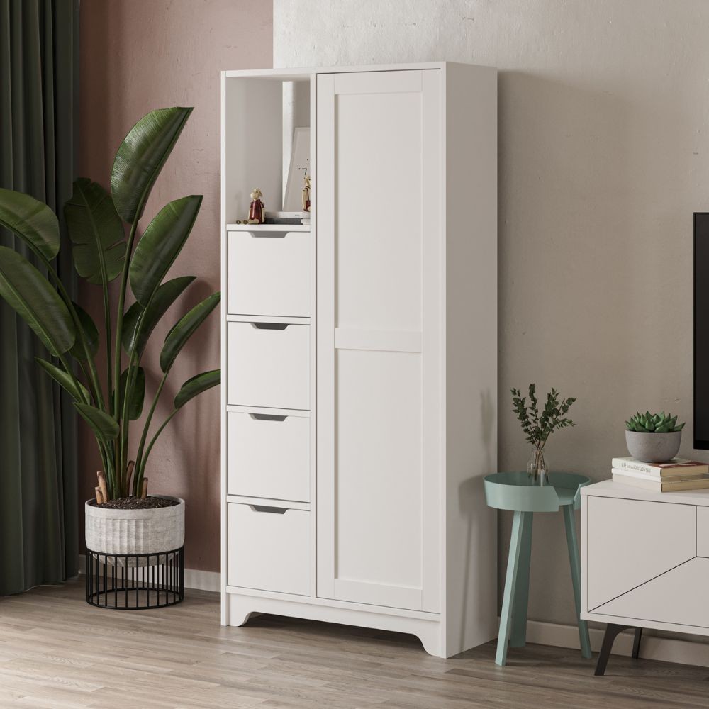 Mobile multiuso Yada midi bianco con 1 anta, 4 cassetti H 164.5 x L 77 x P 29.6 cm