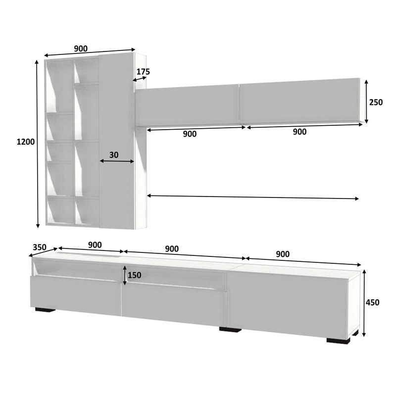 Parete attrezzata base 3 ribalte pensile 2 ante bianco rovere 270x35xh.45 cm