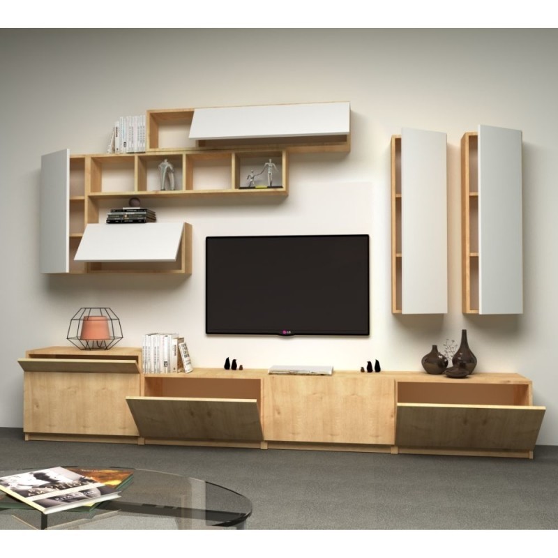 Parete attrezzata quattro ribalte sei pensili Bianco Rovere DOMINO 280x35x h 40-50 cm