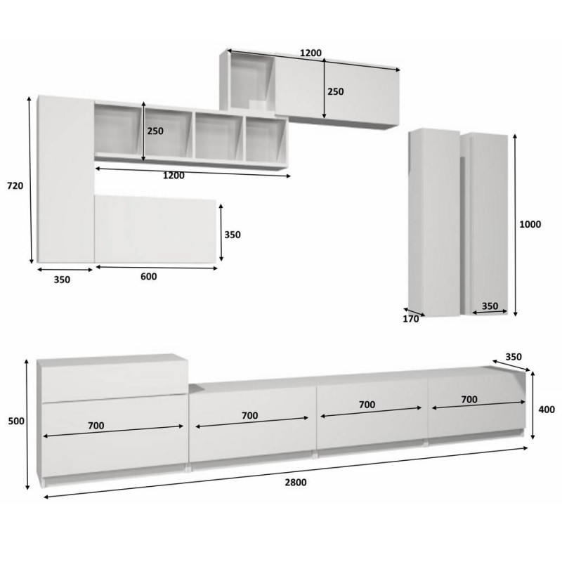 Parete attrezzata quattro ribalte sei pensili Bianco Rovere DOMINO 280x35x h 40-50 cm