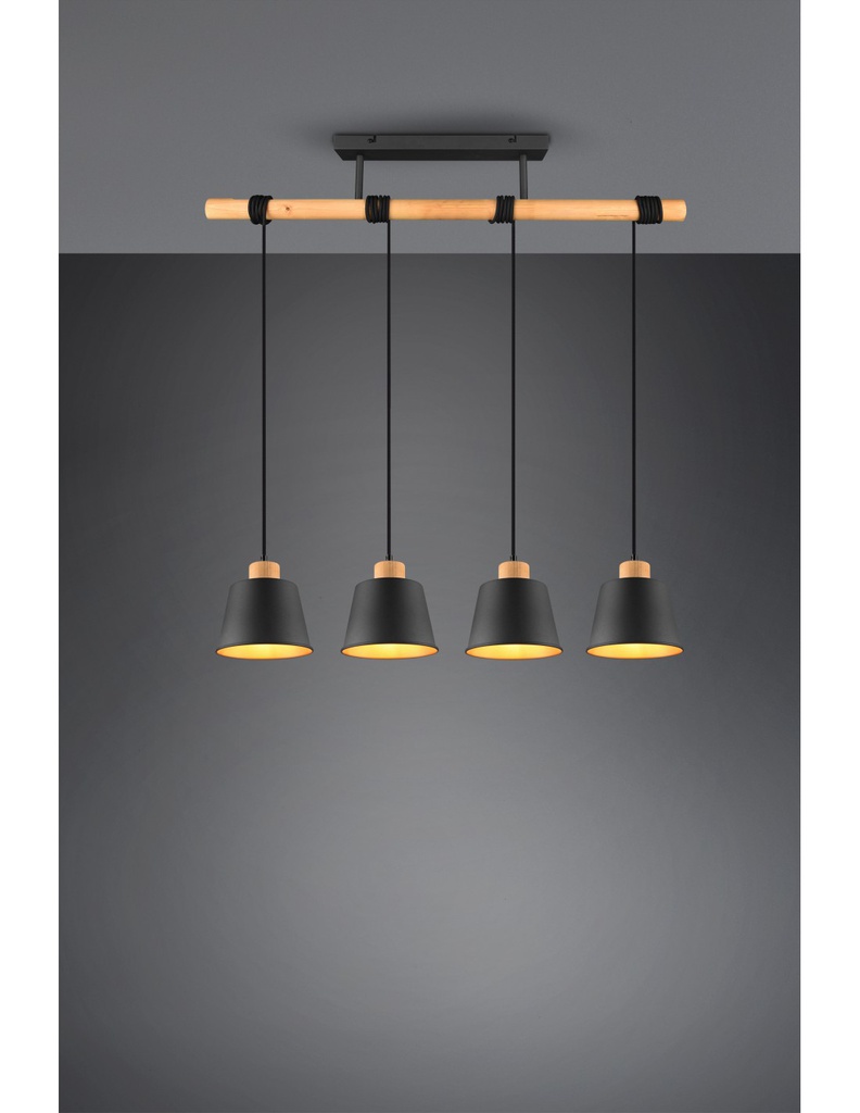 Lampadario Barra Legno 4 Paralumi Nero Oro Harris Trio Lighting