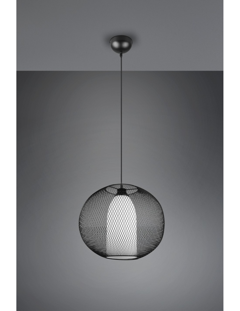 Lampadario Sospensione Diffusore Gabbia Tonda Metallica Nero Con Vetro Opale Filo Trio Lighting
