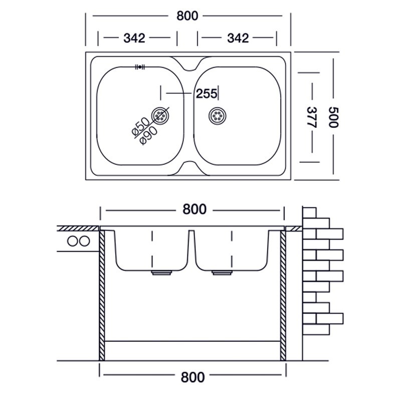 Lavello da cucina due vasche in acciaio inox da appoggio 50x80 cm