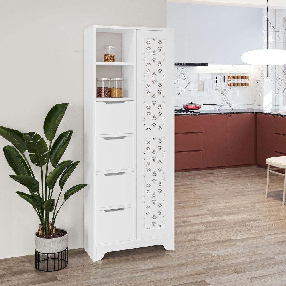 Mobile multiuso Yada maxi bianco con anta decorata 4 cassetti e 2 nicchie