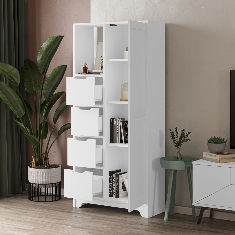 Mobile multiuso Yada midi bianco con 1 anta, 4 cassetti H 164.5 x L 77 x P 29.6 cm