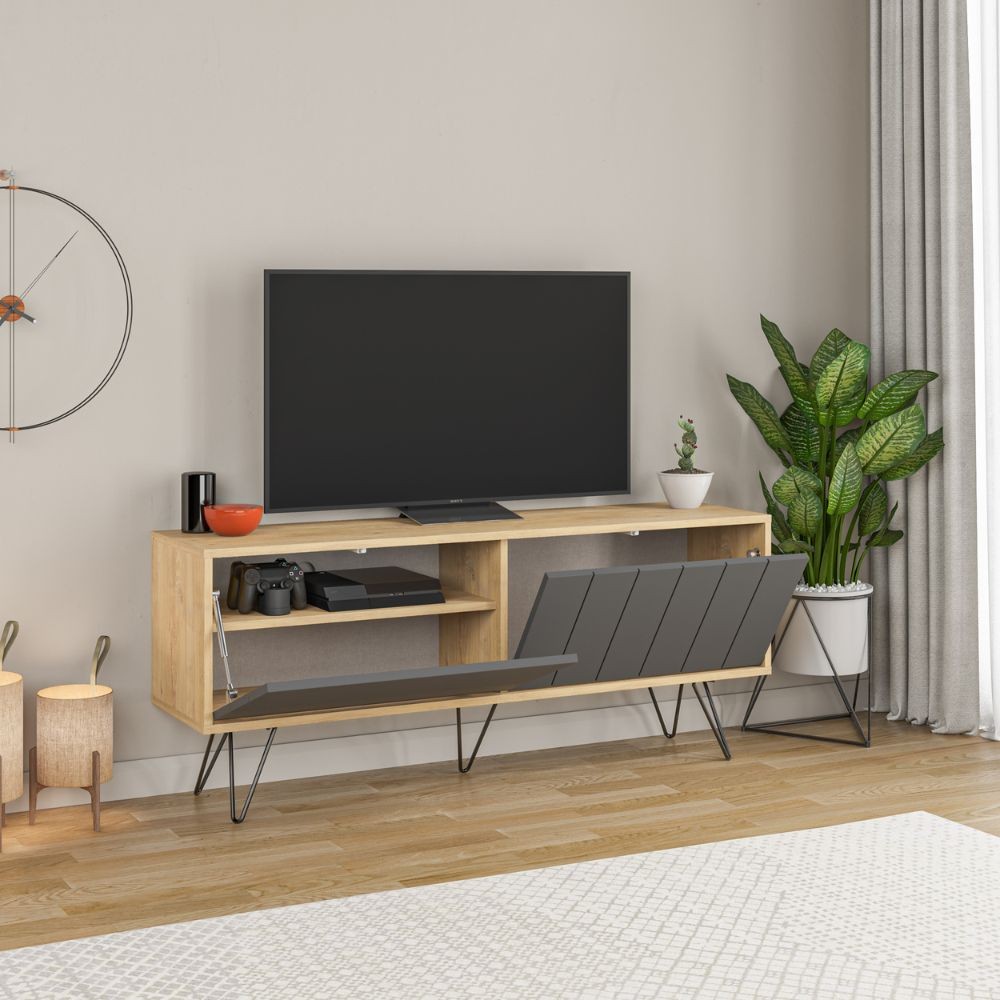 Porta TV Picadilly con Struttura Rovere e 2 Ante a Ribalta Antracite H57 x L139 x P36 cm
