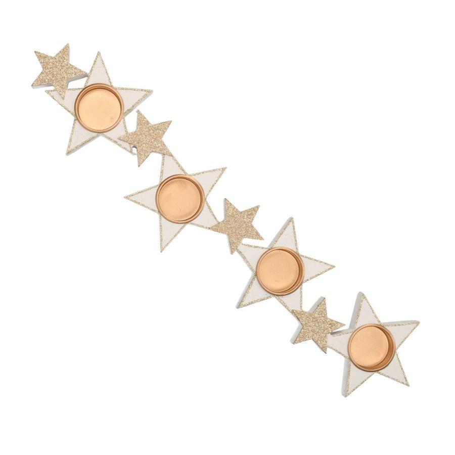 Portacandele legno bianco oro stelle 4pcm48,5x11,5h2,3