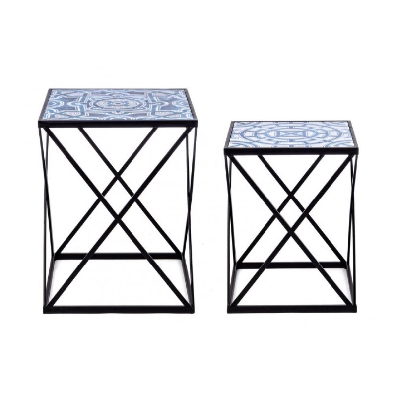 Set 2 tavolini NEAPOLIS in acciaio con piano in mdf decorato con stampa 55h 47h cm