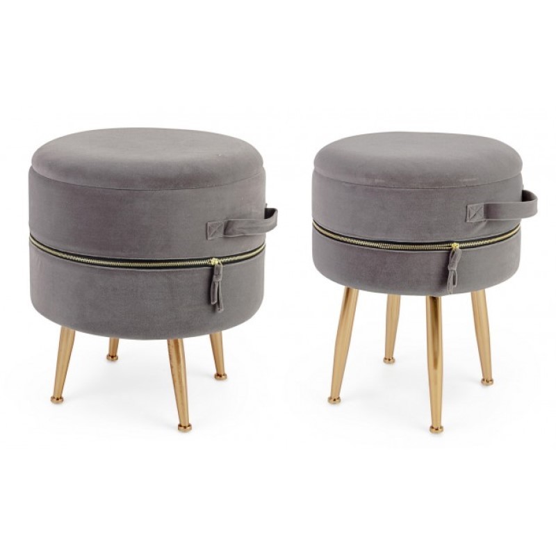 Set 2 Sgabello contenitore effetto velluto Pavlina Grigio Scuro