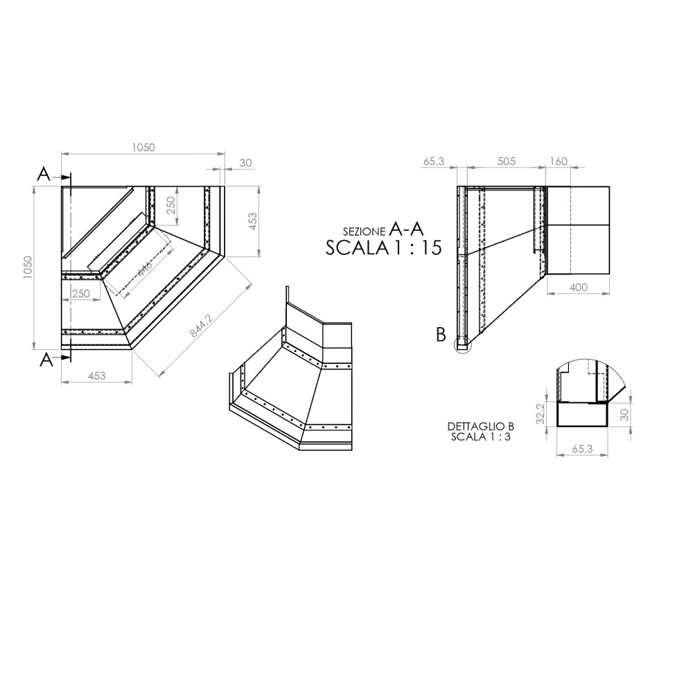 Cappa aspirante angolo BROOKLYN in acciaio inox brunito cm 105x105