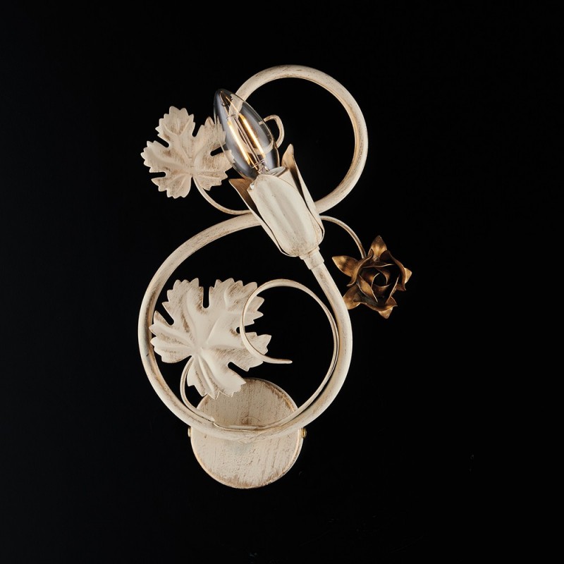Applique in ferro Avorio con decorazioni decape e rose Oro una luce 21x h30 cm