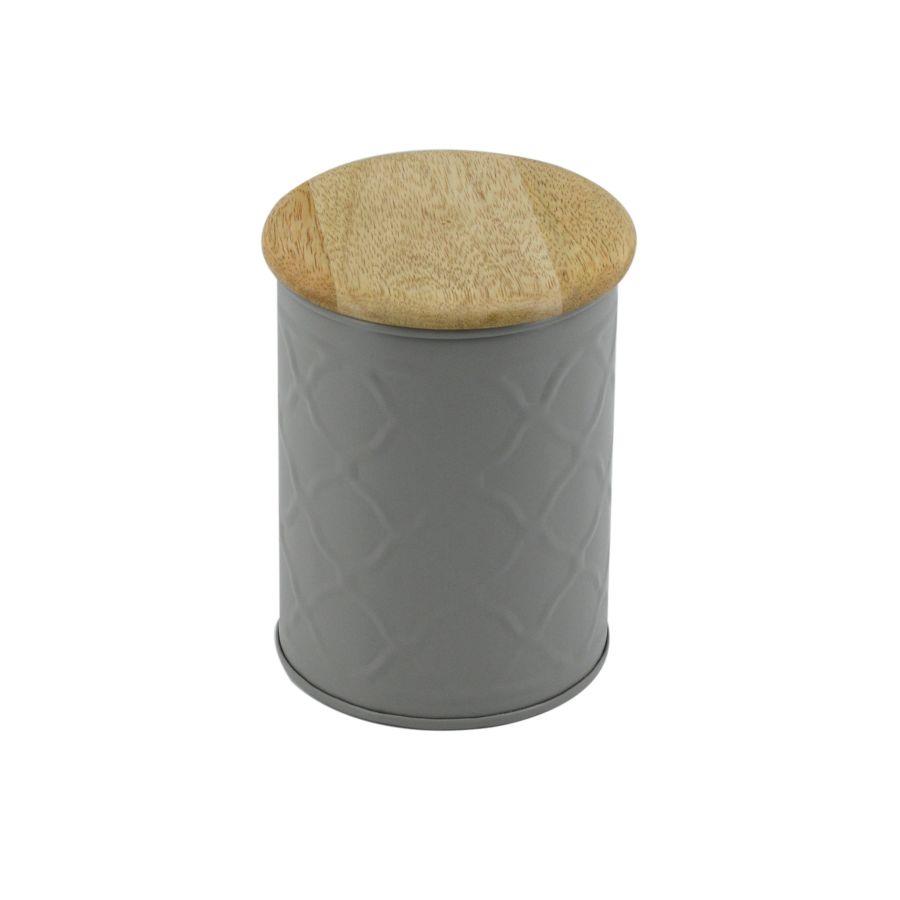 Barattolo metallo tappo legno grigio cmø10h14