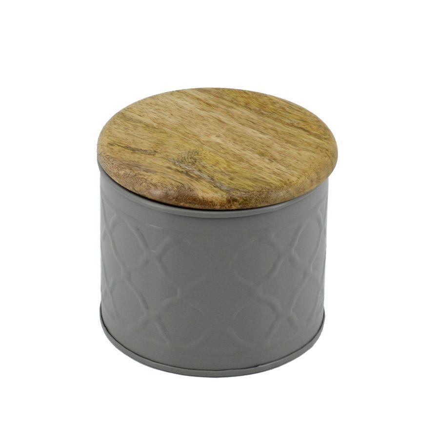 Barattolo metallo tappo legno grigio cmø12h13