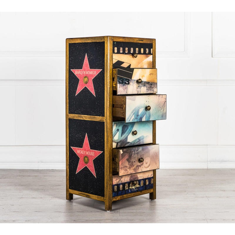 Cassettiera 6 cassetti decorati multicolor in legno di mango  445xh.110 cm
