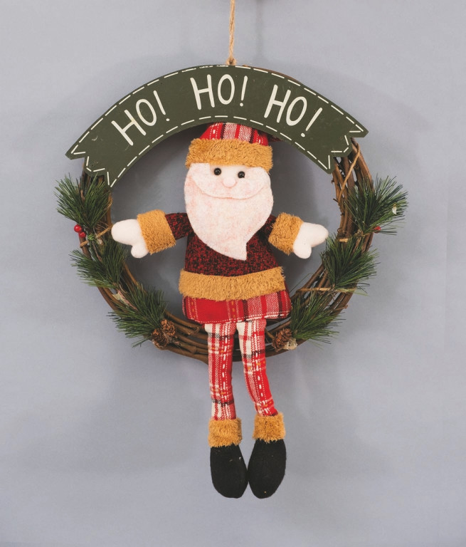 Corona Legno C/Babbo Sedutocm.32X42Scritta Ho Ho Ho decorazione di Natale