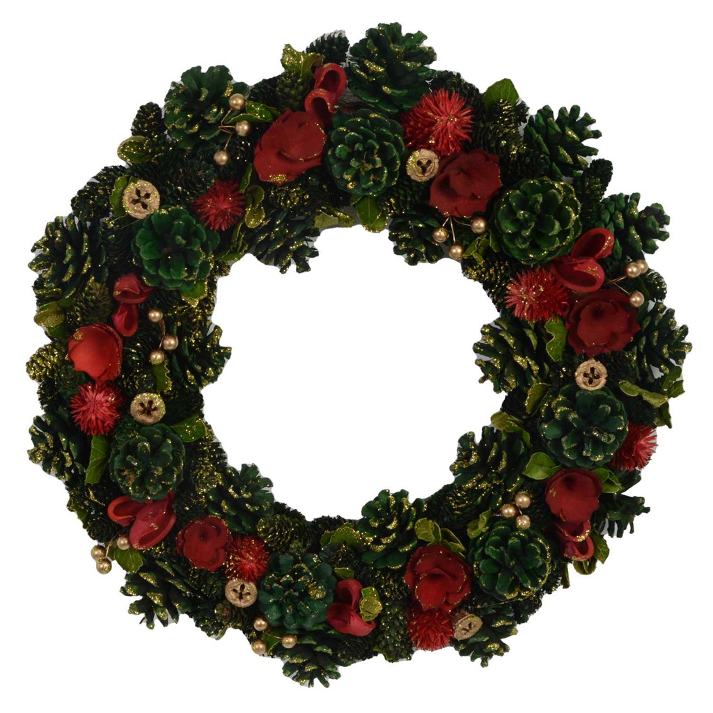 Coroncina con fiori rosso e pigne verde cm ø45h8