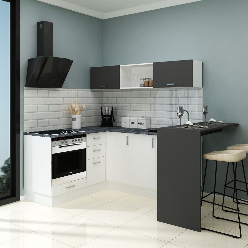 (10c) Cucina Angolare Matera 180x160 con Penisola Reversibile Bianca e Nera