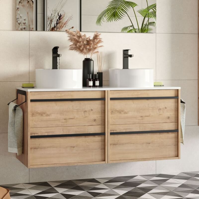 Mobile bagno sospeso Nuar120 rovere ostippo doppio lavabo 4 cassetti 120x45x54h