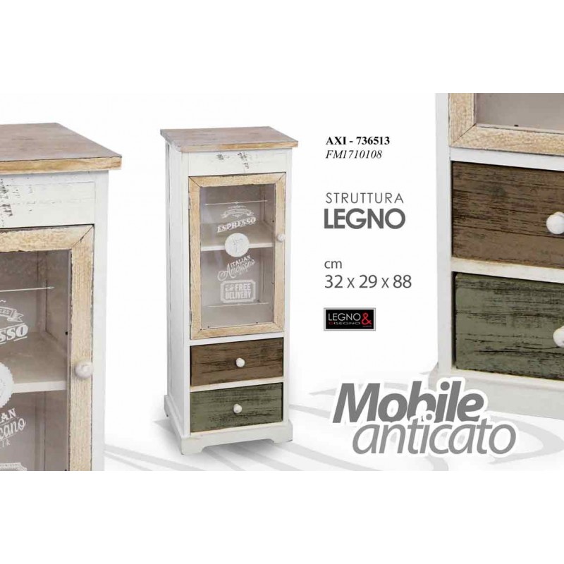Mobile madia anticato con cassetti vetrina cm 32 x 29 x 88 h