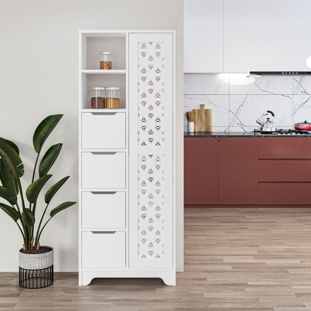 Mobile multiuso Yada maxi bianco con anta decorata 4 cassetti e 2 nicchie
