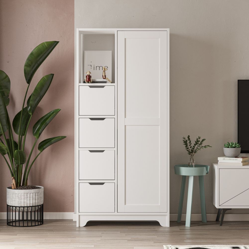 Mobile multiuso Yada midi bianco con 1 anta, 4 cassetti H 164.5 x L 77 x P 29.6 cm