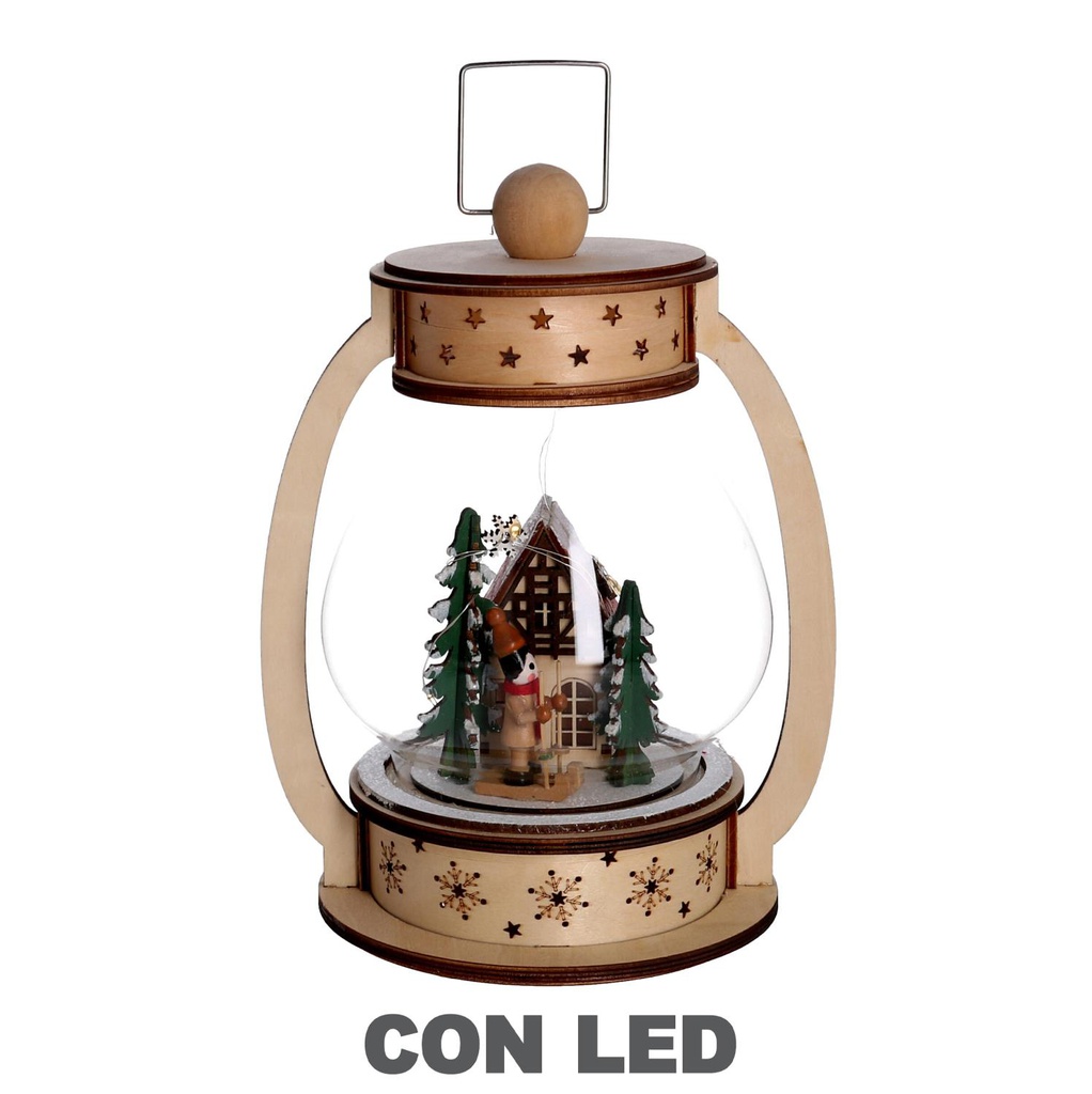 Palla di vetro led legno lanterna naturale cm17x13h23,5