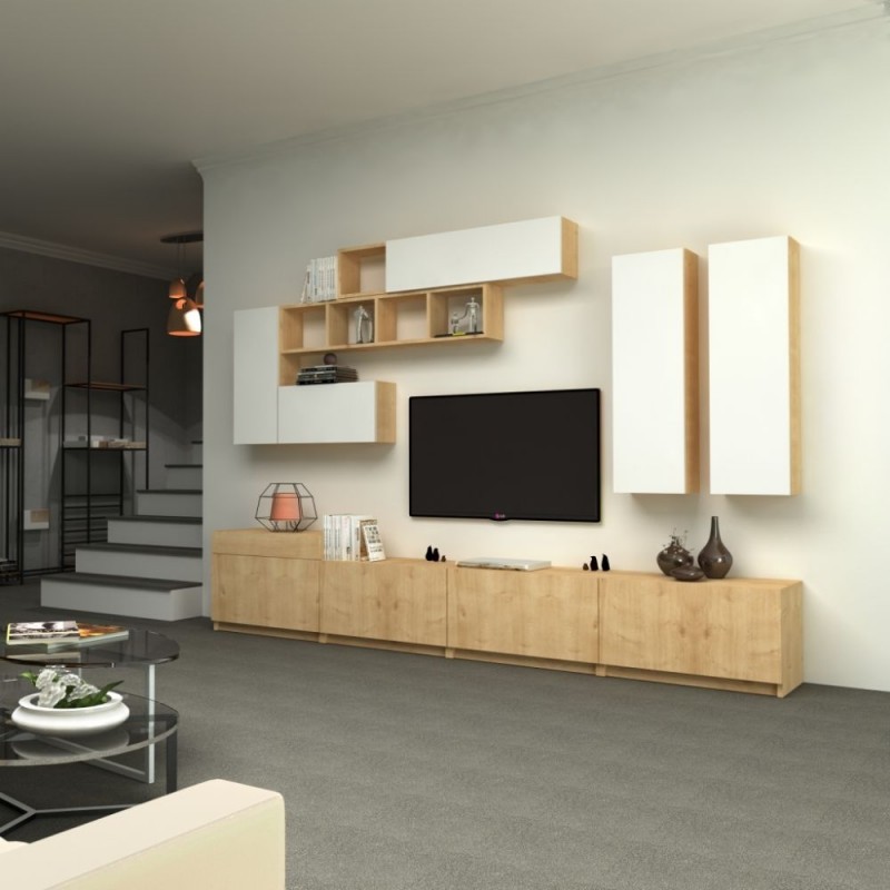 Parete attrezzata quattro ribalte sei pensili Bianco Rovere DOMINO 280x35x h 40-50 cm
