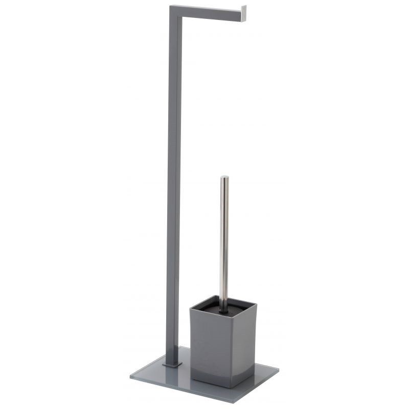 Piantana Portascopino e Portarotolo in PVC Grigio 18x22x70,5cm
