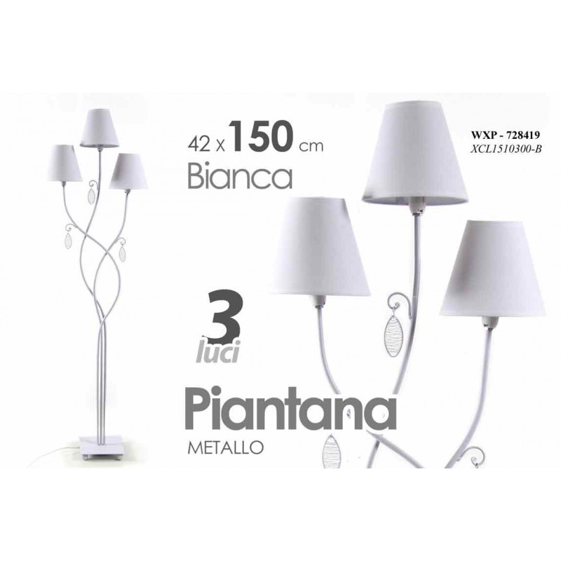Piantana da terra lampada shabby 3 luci bianca cm 150 metallo