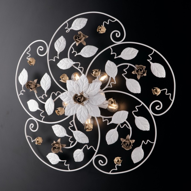 Plafoniera in ferro laccato bianco con decorazione shabby 5 luci cm 65