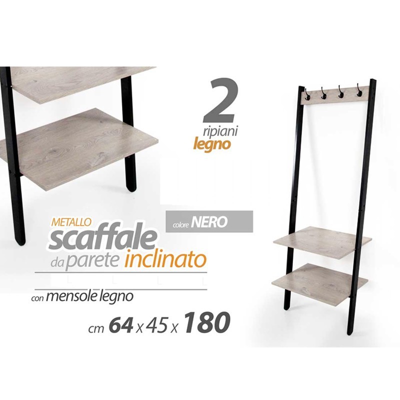 Scaffale appendiabiti nero inclinato a parete industrial cm 64 x 45 x 180 h