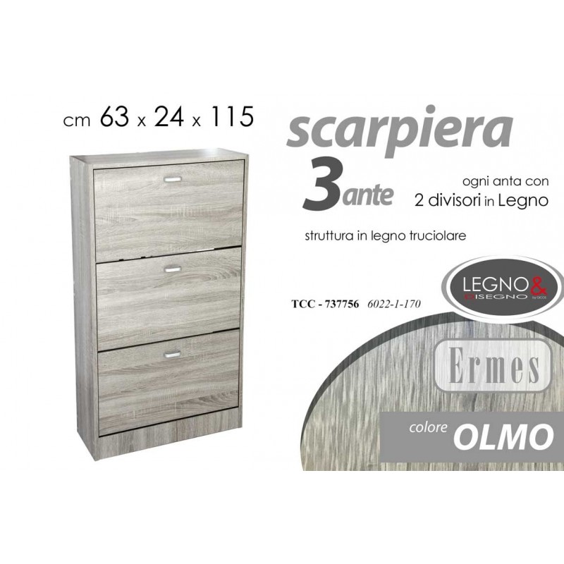 Scarpiera olmo tre ribalte con due divisori cm 63 x 24 x 115 h