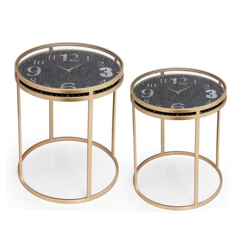 Set due tavolini salotto metallo dorato e piano vetro orologio