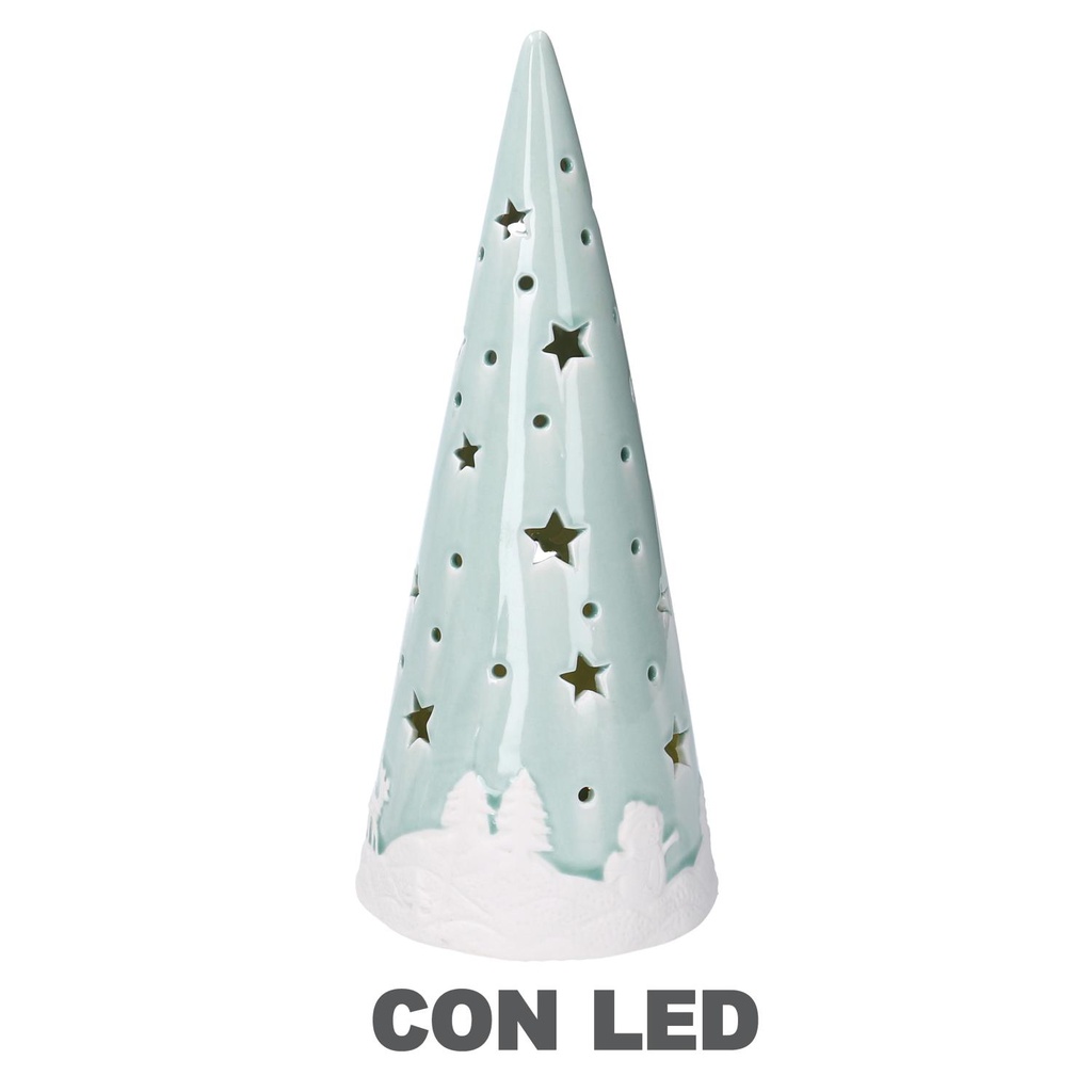 Albero ceramica disegno slitta con led verde acqua cm ø12h26