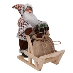 [V6164470000] Babbo natale tessuto su slitta con lanterna marrone cmh30