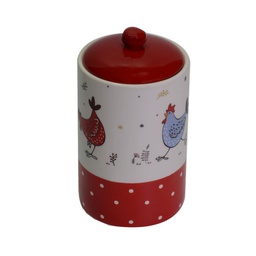[V5857150000] Barattolo ceramica bianco galline tondocmø10,5h19,6