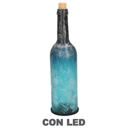 [V6118350000] Bottiglia vetro blu pavone con led tondo cmø8h29