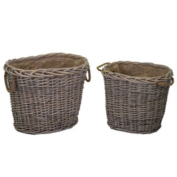 [V4717850000] Cesta portalegna vimini con manici 1-2 foderata juta naturale ovale cm 57x46h46