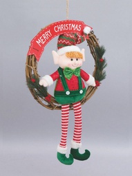 [1932317] Corona Diam.Cm.36 Vimini C/Elfo E Scritta Merry Christams decorazione di Natale